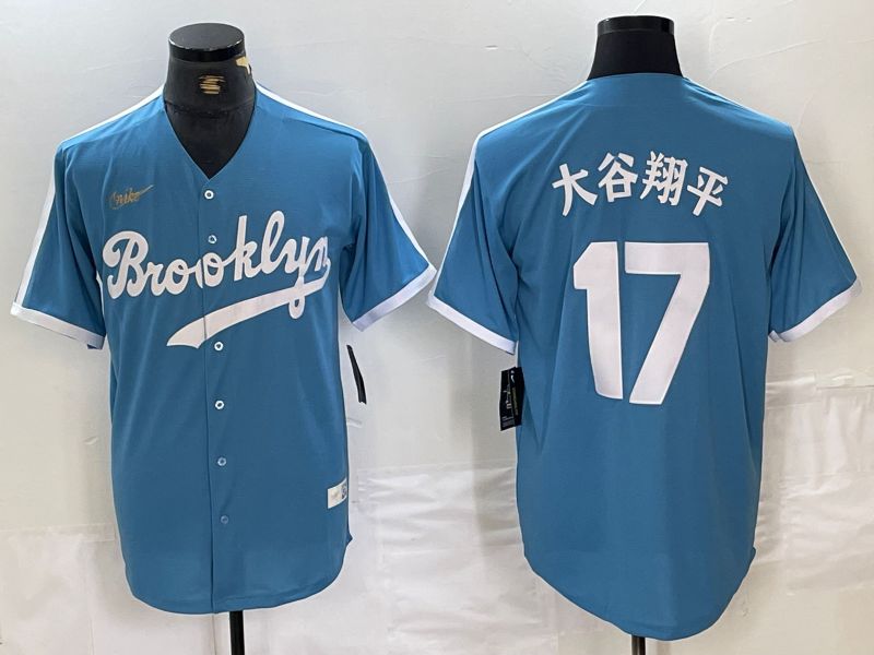 Men Los Angeles Dodgers 17 Ohtani Light blue Throwback 2024 Nike MLB Jersey style 4